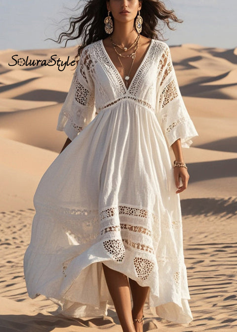 French White Oversized Hollow Out Cotton Dress Bracelet Sleeve 2025-Spring-Summer-Linen