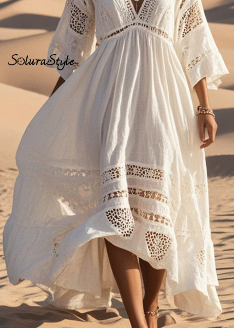 French White Oversized Hollow Out Cotton Dress Bracelet Sleeve 2025-Spring-Summer-Linen