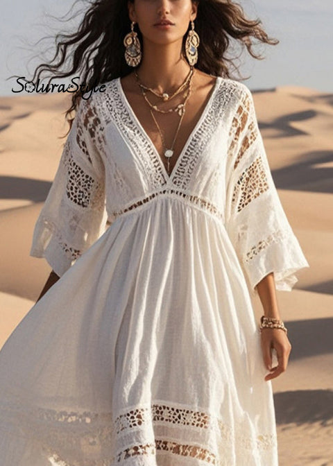 French White Oversized Hollow Out Cotton Dress Bracelet Sleeve 2025-Spring-Summer-Linen