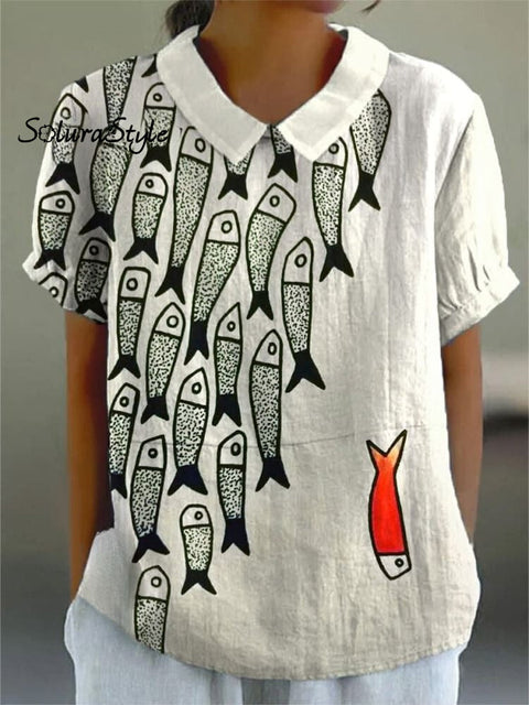 Fun Fish Art Cropped Casual Pants Shirt1 / S