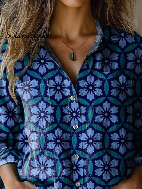 Geometric Floral Pattern Printed Women’s Casual Long Sleeve Comfortable Cotton Shirt