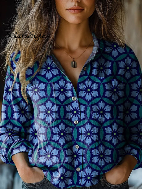 Geometric Floral Pattern Printed Women’s Casual Long Sleeve Comfortable Cotton Shirt Multicolor / S