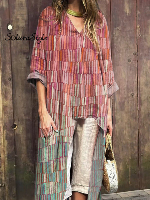 Geometric Ombre Pattern Printed Women’s V-Neck Cotton Short Sleeve Dress