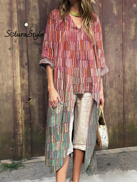 Geometric Ombre Pattern Printed Women’s V-Neck Cotton Short Sleeve Dress Multicolor / S