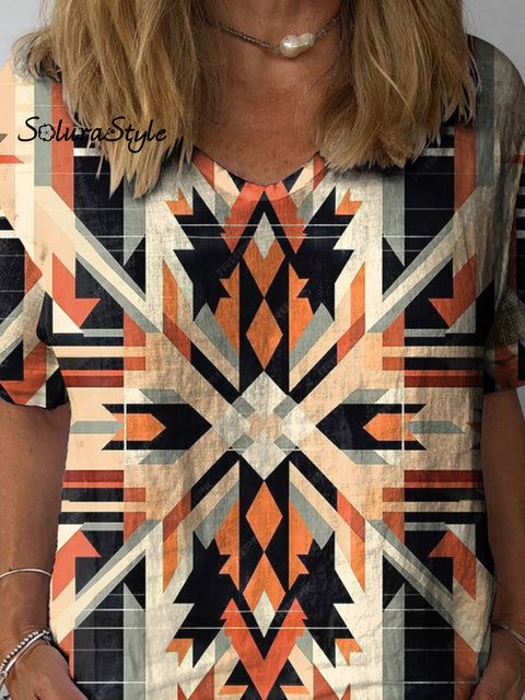 Geometric Pattern Printed Women’s Casual Cotton And Linen Shirt
