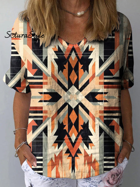 Geometric Pattern Printed Women’s Casual Cotton And Linen Shirt Multicolor / S