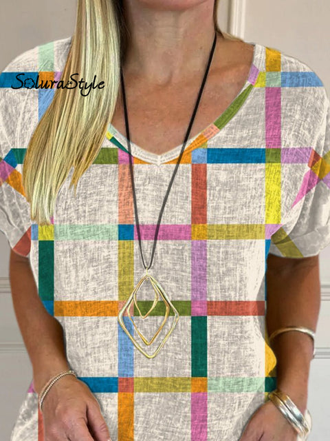 Geometric Plaid Pattern Printed Women’s Casual Cotton And Linen Shirt