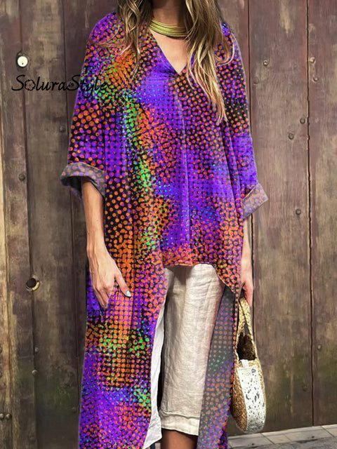 Geometric Polka Dot Pattern Printed Women’s V-Neck Cotton Short Sleeve Dress