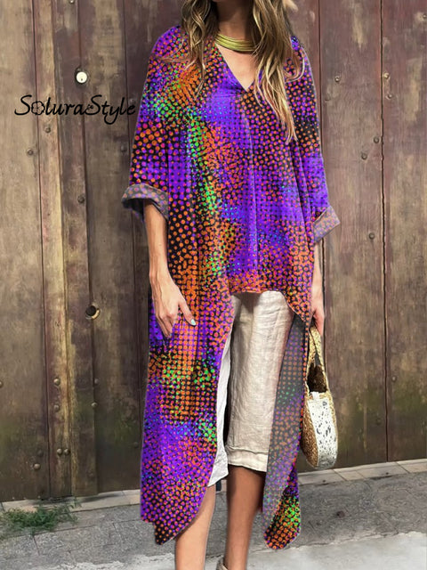 Geometric Polka Dot Pattern Printed Women’s V-Neck Cotton Short Sleeve Dress Multicolor / S