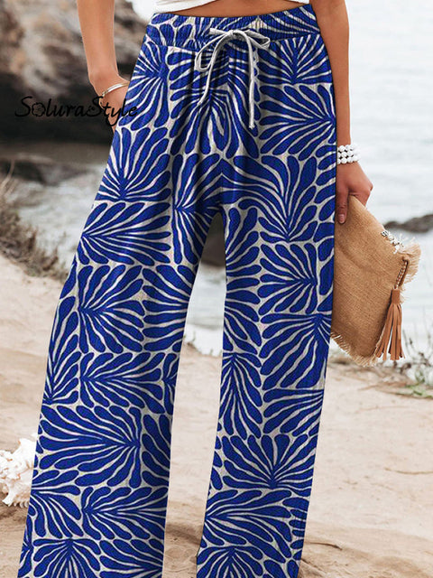 Geometric Spring Bough Pattern Printed Women’s Cotton And Linen Casual Pants
