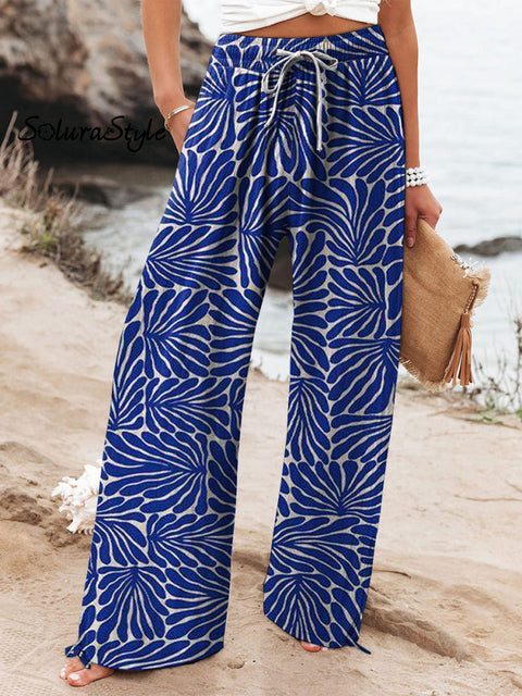 Geometric Spring Bough Pattern Printed Women’s Cotton And Linen Casual Pants Multicolor / S