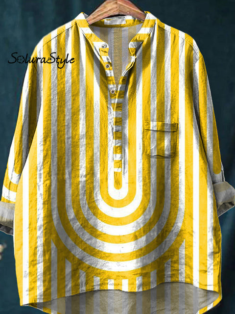 Geometric Strip Pattern Printed Women’s Casual Long Sleeve Comfortable Cotton Shirt