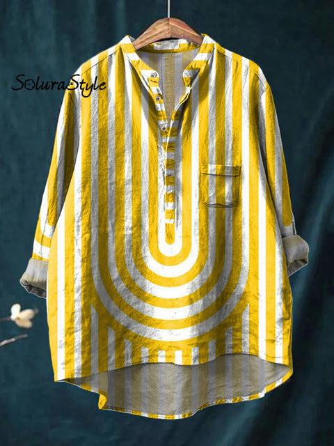 Geometric Strip Pattern Printed Women’s Casual Long Sleeve Comfortable Cotton Shirt Multicolor / S