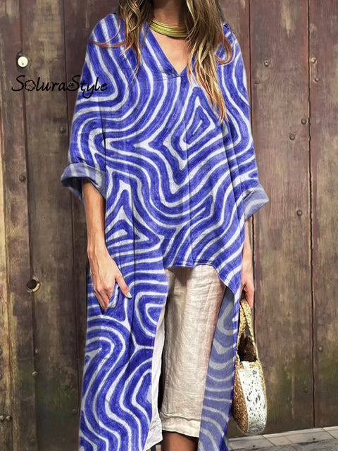 Geometric Swirl Pattern Printed Women’s V-Neck Cotton Short Sleeve Dress