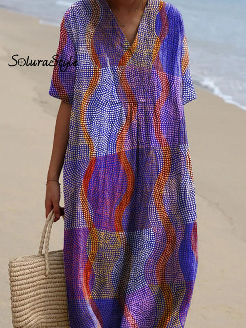 Geometric Wave Pattern Printed Women’s Flowy Dress