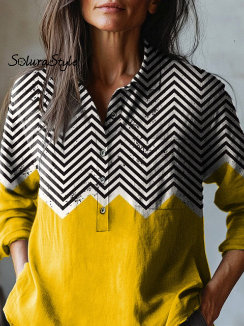 Geometric Zigzag Pattern Printed Women’s Casual Cotton And Linen Shirt