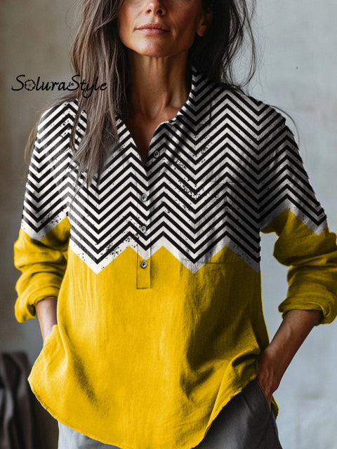 Geometric Zigzag Pattern Printed Women’s Casual Cotton And Linen Shirt Multicolor / S