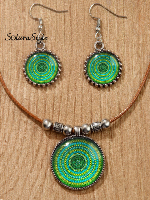 Groovy Ethnic Style Necklace And Earrings Set Green / Onesize