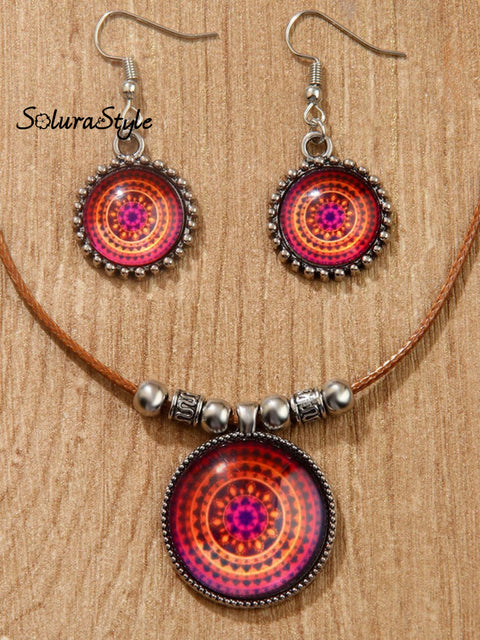 Groovy Ethnic Style Necklace And Earrings Set Red / Onesize