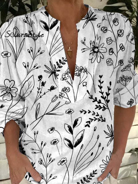 Hand Drawing Wild Floral Pattern Printed Women’s Casual Short Sleeve Comfortable Cotton Shirt