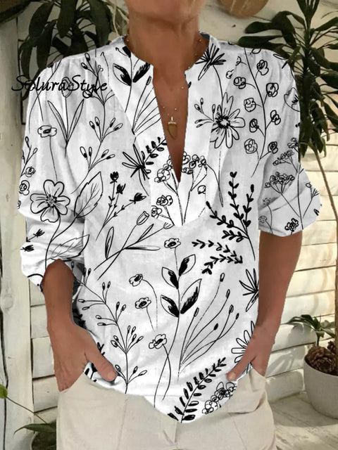 Hand Drawing Wild Floral Pattern Printed Women’s Casual Short Sleeve Comfortable Cotton Shirt Multicolor / S