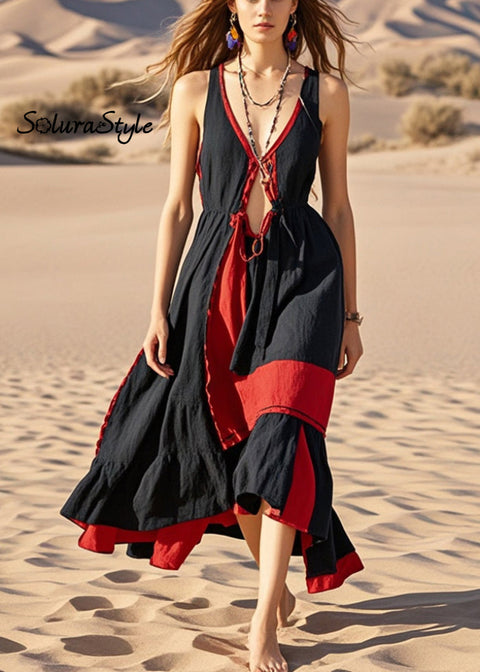 Handmade Black Asymmetrical Patchwork Cotton Cami Dresses Summer 2025-Spring-Summer-Linen