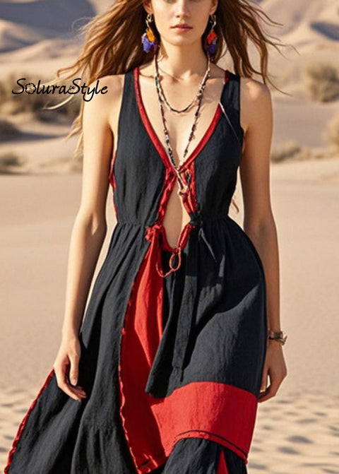 Handmade Black Asymmetrical Patchwork Cotton Cami Dresses Summer 2025-Spring-Summer-Linen