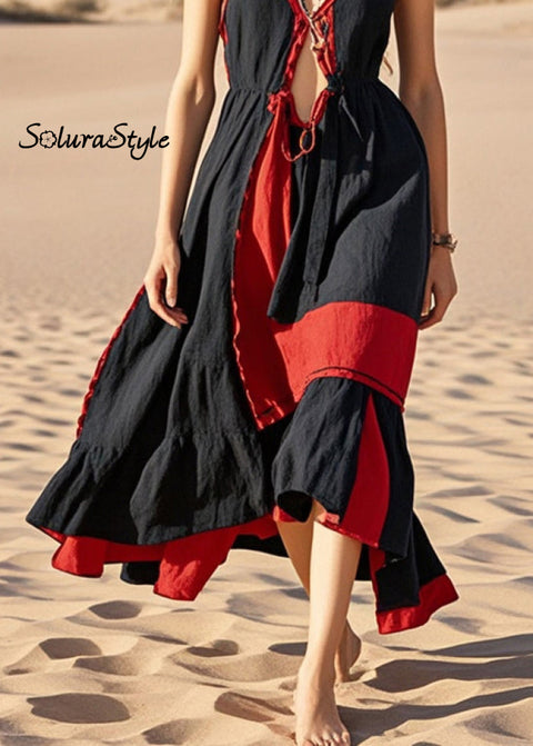 Handmade Black Asymmetrical Patchwork Cotton Cami Dresses Summer 2025-Spring-Summer-Linen