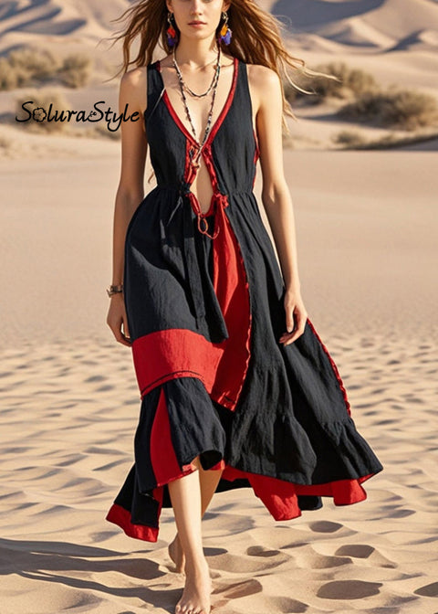Handmade Black Asymmetrical Patchwork Cotton Cami Dresses Summer 2025-Spring-Summer-Linen