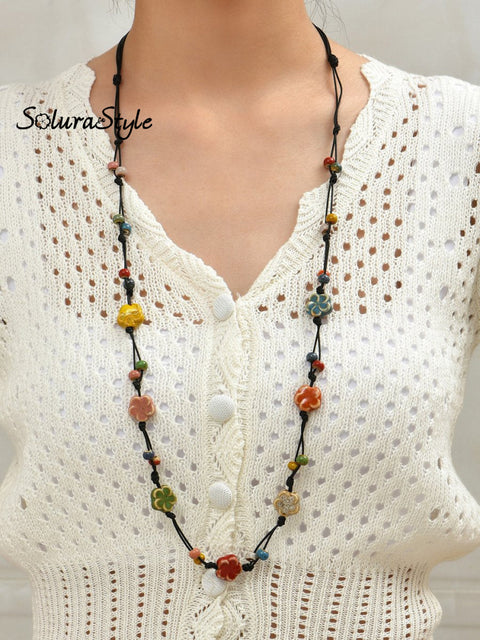 Handmade Colorful Braided Ceramic Beads Necklace Flower / Onesize