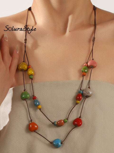Handmade Colorful Braided Ceramic Beads Necklace Heart / Onesize