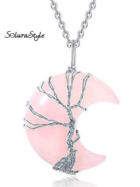 Handmade Natural Crystal Moon Shape Pendant Necklace Pink / Onesize
