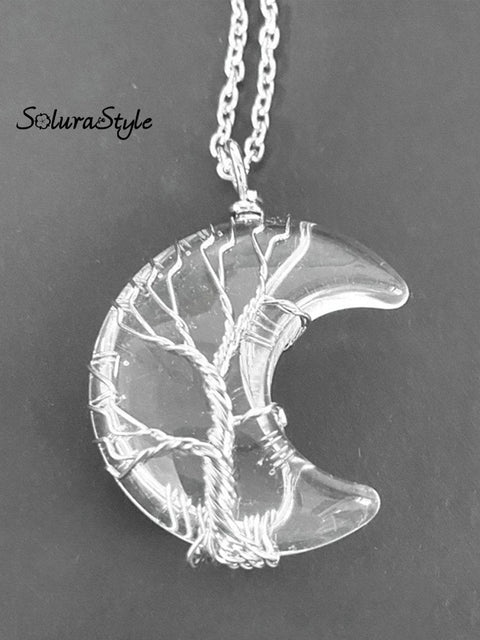 Handmade Natural Crystal Moon Shape Pendant Necklace Transparent / Onesize