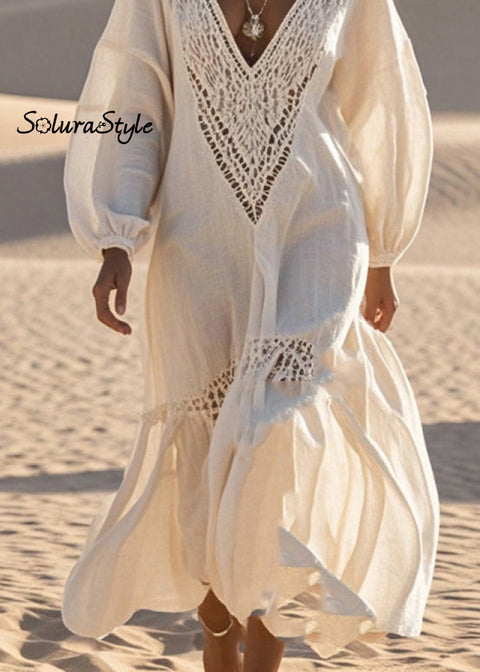 Italian Beige V Neck Patchwork Hollow Out Cotton Dresses Spring 2025-Spring-Summer-Linen