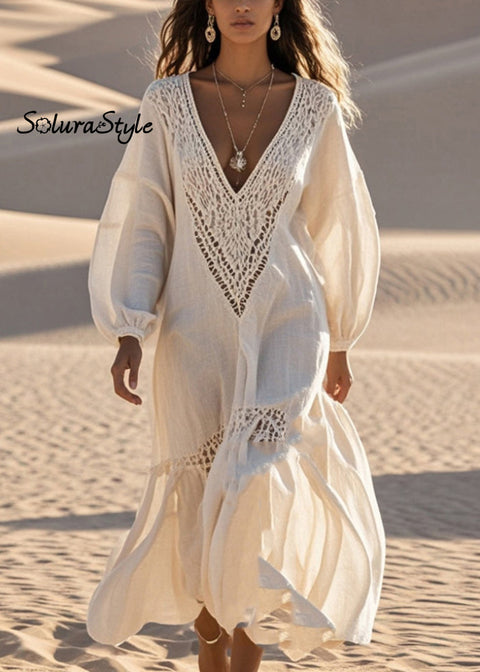 Italian Beige V Neck Patchwork Hollow Out Cotton Dresses Spring 2025-Spring-Summer-Linen