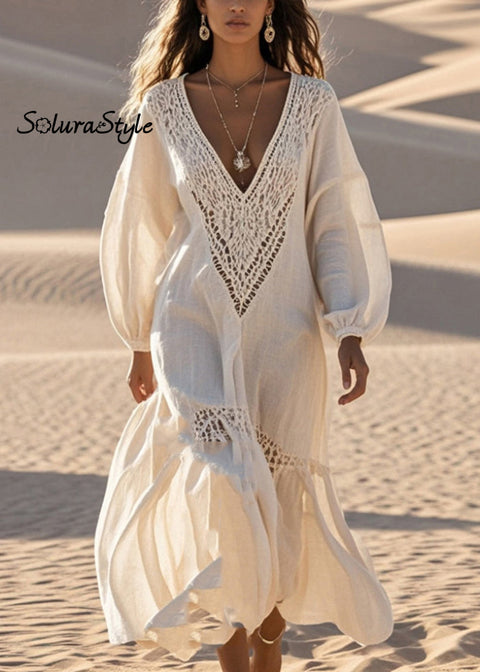 Italian Beige V Neck Patchwork Hollow Out Cotton Dresses Spring 2025-Spring-Summer-Linen