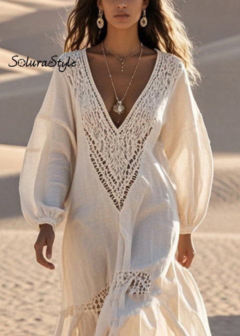 Italian Beige V Neck Patchwork Hollow Out Cotton Dresses Spring 2025-Spring-Summer-Linen