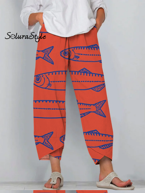 Japanese Red Sardines Art Print Cropped Pants Pant1 / S