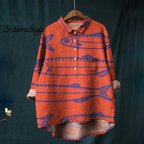 Japanese Red Sardines Art Print Cropped Pants Shirt / S
