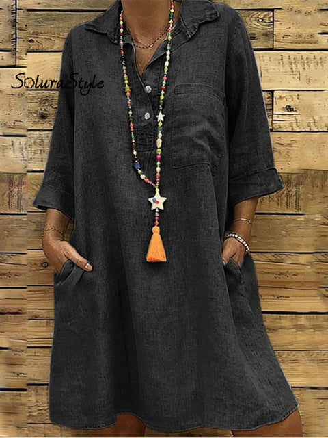 Ladies Plus Size 3/4 Sleeve Shirt Collar Casual Dress Black / S