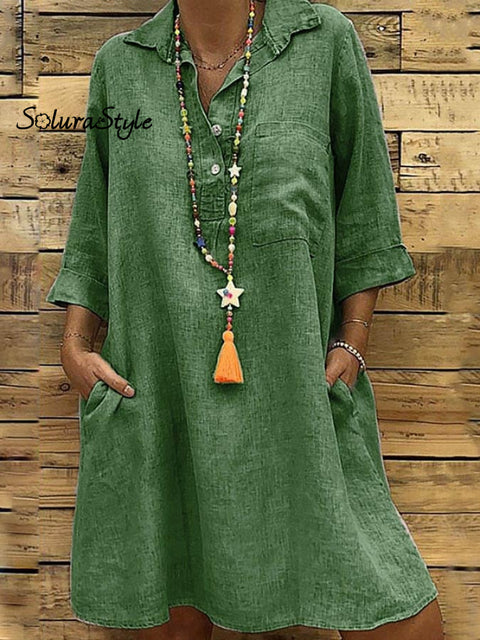 Ladies Plus Size 3/4 Sleeve Shirt Collar Casual Dress Dark Green / S