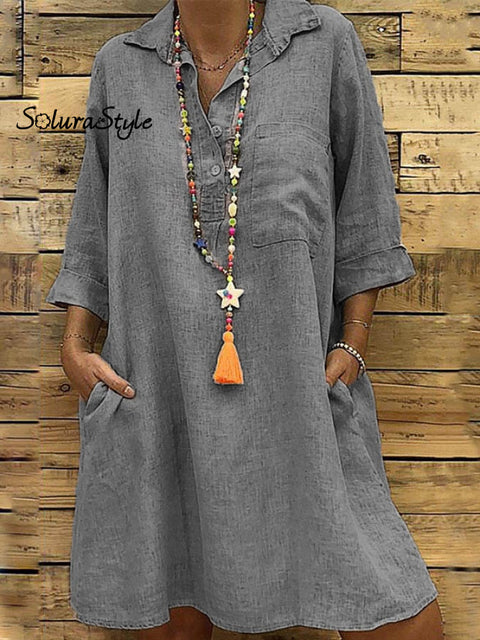Ladies Plus Size 3/4 Sleeve Shirt Collar Casual Dress Grey / S