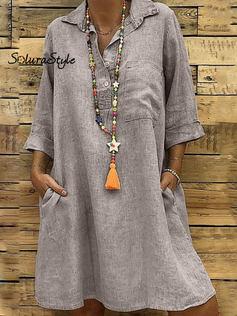 Ladies Plus Size 3/4 Sleeve Shirt Collar Casual Dress Khaki / S