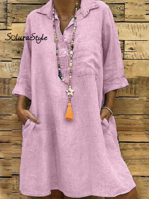 Ladies Plus Size 3/4 Sleeve Shirt Collar Casual Dress Pink / S