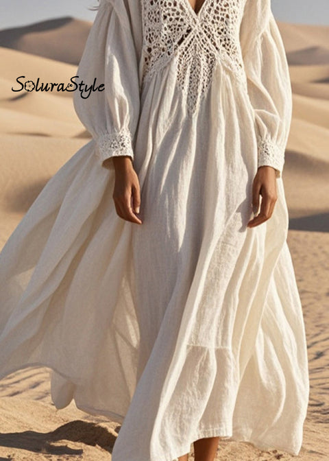 Loose White Lace Patchwork Cotton Holiday Dress Hollow Out Spring 2025-Spring-Summer-Linen