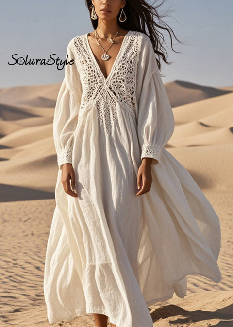 Loose White Lace Patchwork Cotton Holiday Dress Hollow Out Spring 2025-Spring-Summer-Linen