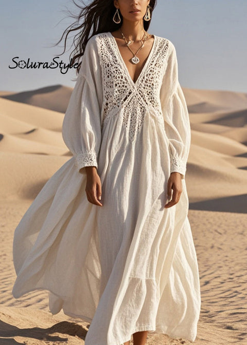 Loose White Lace Patchwork Cotton Holiday Dress Hollow Out Spring 2025-Spring-Summer-Linen