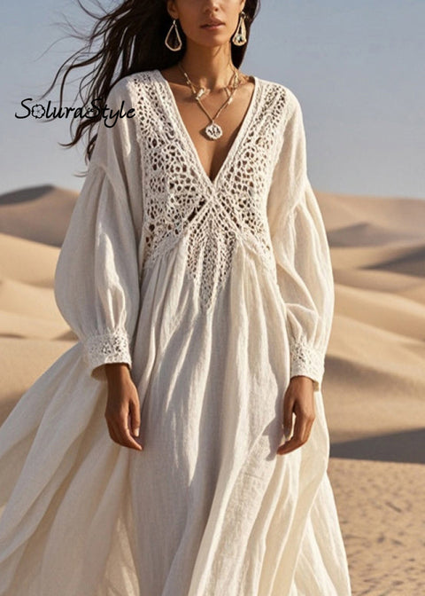 Loose White Lace Patchwork Cotton Holiday Dress Hollow Out Spring 2025-Spring-Summer-Linen