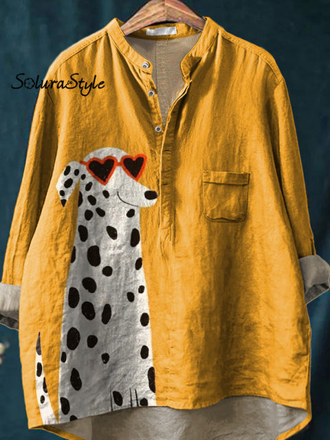 Lovely Cartoon Dalmatian Dog Art Printed Women’s Casual Long Sleeve Comfortable Cotton Shirt