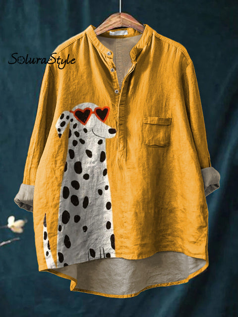 Lovely Cartoon Dalmatian Dog Art Printed Women’s Casual Long Sleeve Comfortable Cotton Shirt